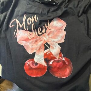 Cider Black Tee with Pink Bow and Red Cherries